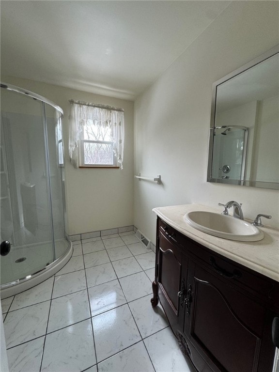 full bath with visible vents, a stall shower, and vanity