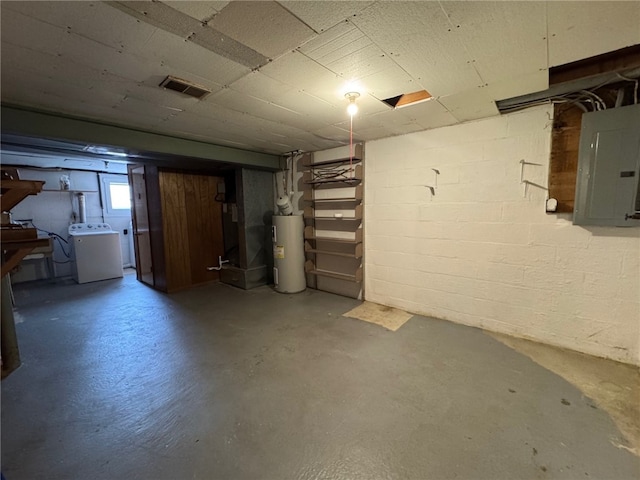 basement featuring concrete block wall, electric panel, visible vents, washer / clothes dryer, and water heater