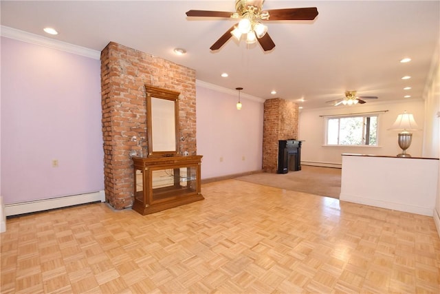 unfurnished living room featuring a baseboard heating unit, baseboard heating, baseboards, and crown molding