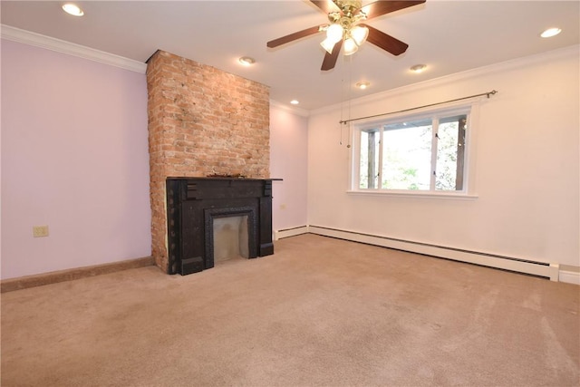 unfurnished living room with carpet, a fireplace, crown molding, baseboard heating, and baseboards