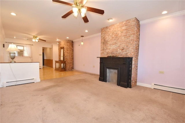 unfurnished living room with a baseboard heating unit, carpet flooring, ornamental molding, and a fireplace