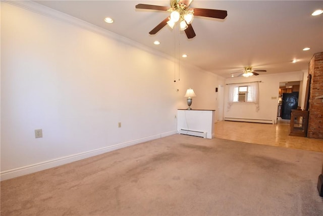 unfurnished living room with baseboards, light colored carpet, ornamental molding, baseboard heating, and a baseboard heating unit