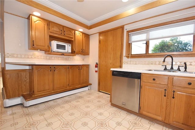 kitchen featuring dishwasher, white microwave, ornamental molding, light countertops, and a sink