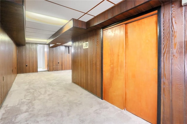 finished basement featuring carpet and wood walls