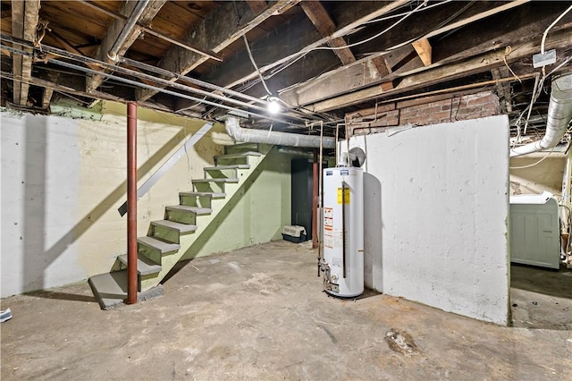 unfinished below grade area with water heater and stairway