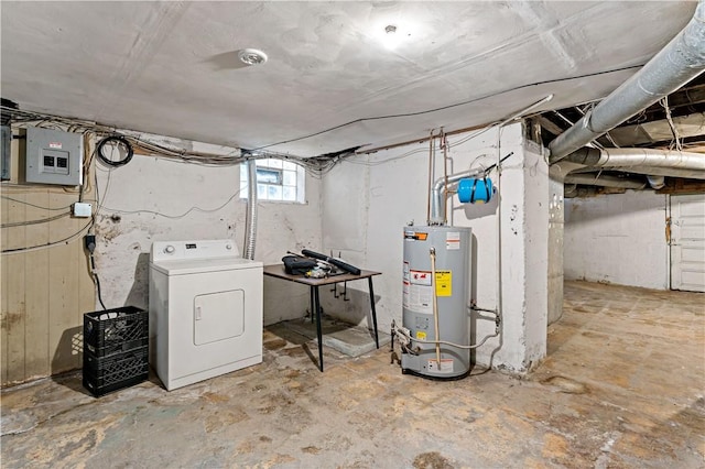 below grade area featuring electric panel, washer / clothes dryer, and gas water heater