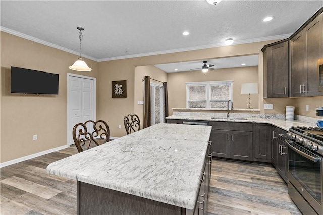 kitchen with light wood finished floors, stainless steel gas stove, a kitchen island, a sink, and dark brown cabinets