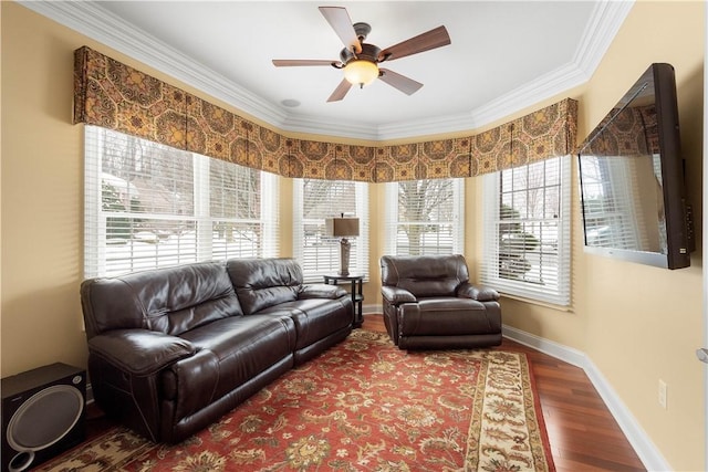 living room featuring baseboards, ornamental molding, ceiling fan, and wood finished floors