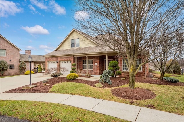 view of front of home featuring brick siding, roof with shingles, concrete driveway, a front yard, and a garage