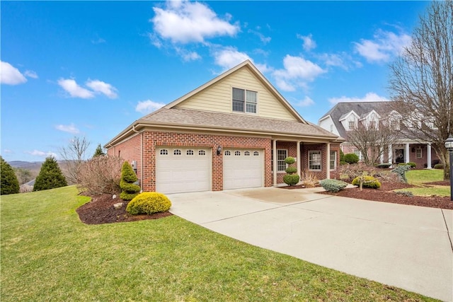 traditional-style house with a shingled roof, a front yard, concrete driveway, and brick siding