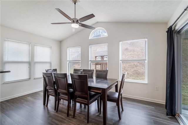 dining area with lofted ceiling, plenty of natural light, and dark wood finished floors