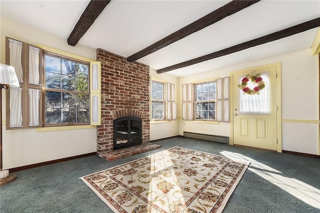 unfurnished living room with a baseboard heating unit, a fireplace, baseboards, beamed ceiling, and carpet