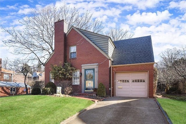 view of front facade featuring a garage, brick siding, a chimney, and a front lawn