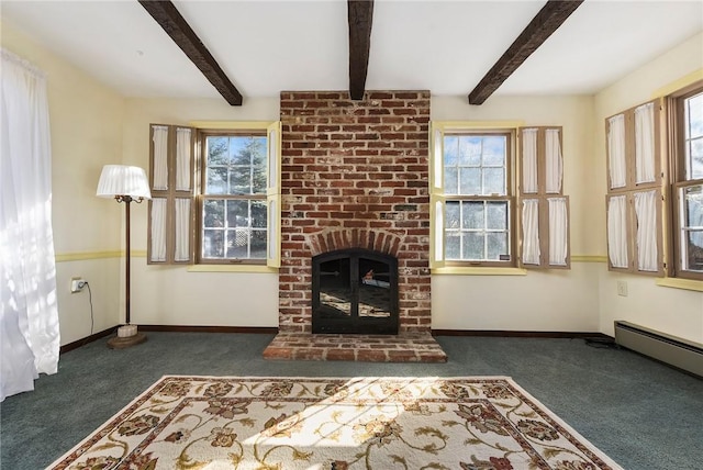unfurnished living room featuring a fireplace, baseboards, a wealth of natural light, and beamed ceiling