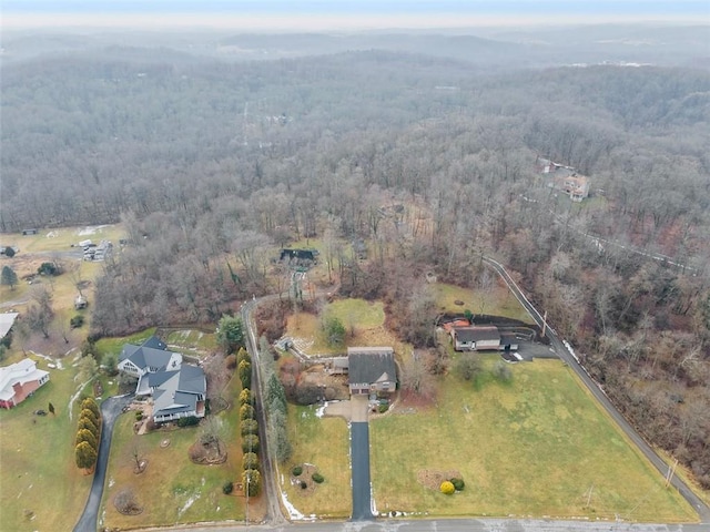 birds eye view of property featuring a wooded view