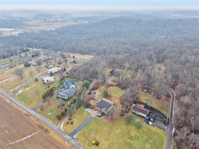 bird's eye view with a wooded view and a rural view