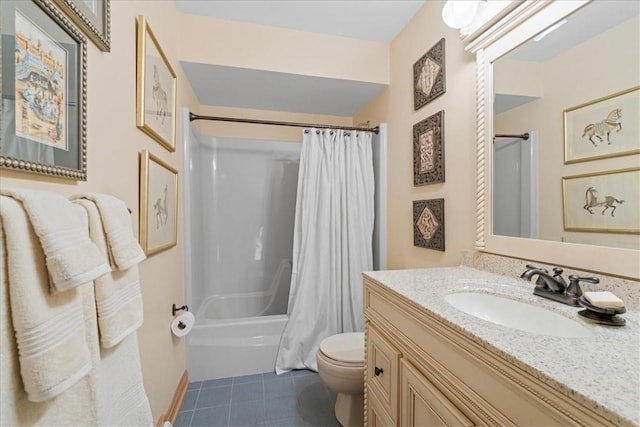 bathroom featuring toilet, shower / tub combo, tile patterned flooring, and vanity