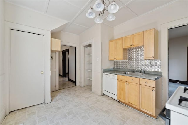 104 Georgetown Ave, West View, PA 15229 - kitchen featuring a sink, light brown cabinets, white appliances, a chandelier, and tasteful backsplash