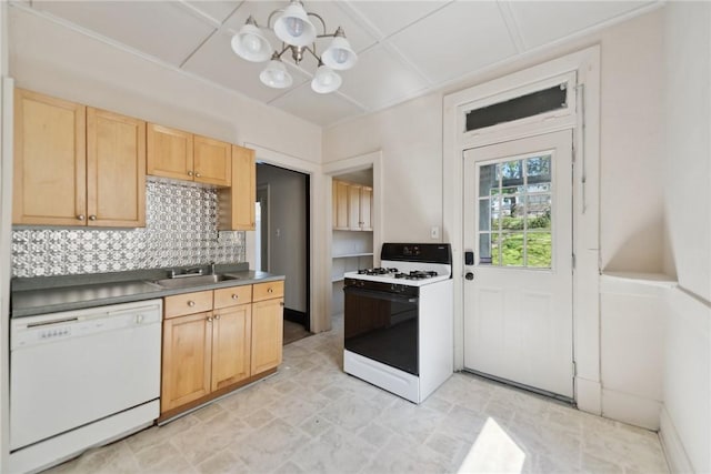 104 Georgetown Ave, West View, PA 15229 - kitchen featuring an inviting chandelier, stone finish flooring, light brown cabinetry, white appliances, and backsplash