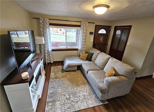 living area with a textured ceiling, baseboards, and wood finished floors