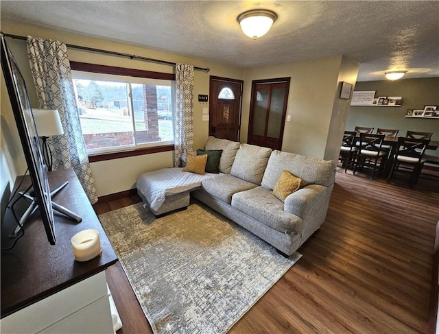 living room with a textured ceiling and dark wood-style flooring