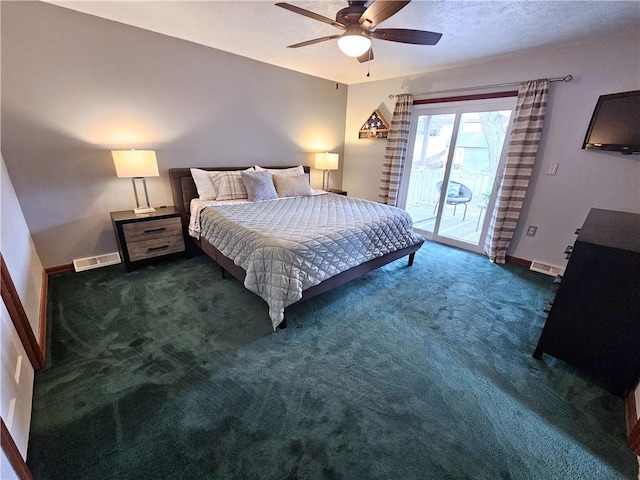 bedroom featuring access to exterior, baseboards, visible vents, and carpet flooring