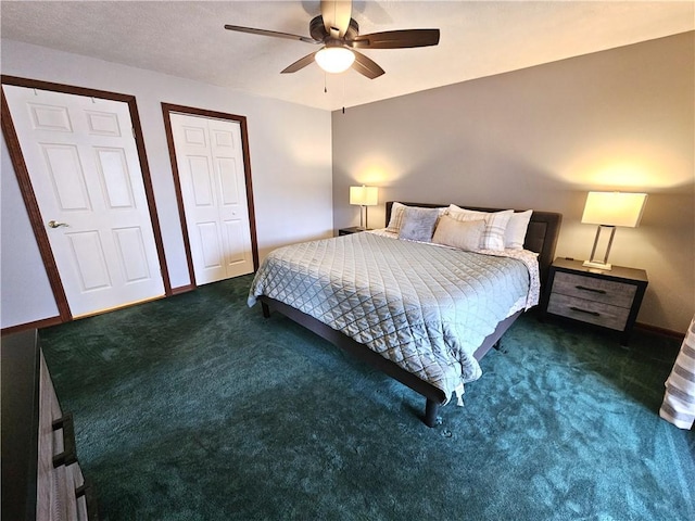 bedroom with ceiling fan, carpet floors, a closet, and baseboards