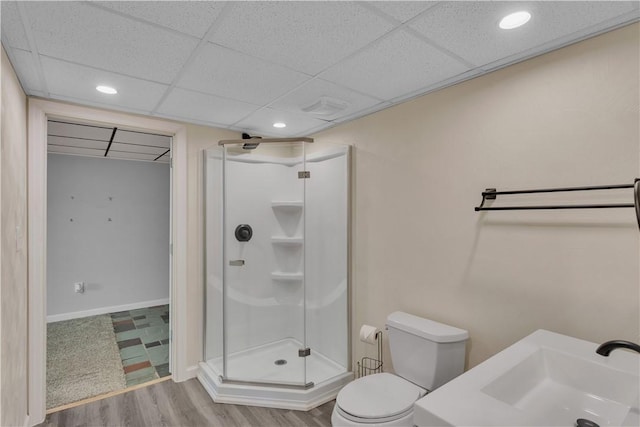 full bathroom featuring a sink, a shower stall, toilet, and wood finished floors