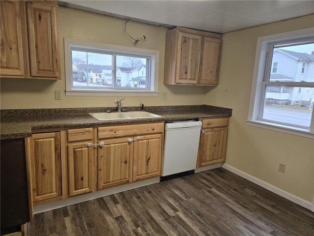 kitchen with dark countertops, dark wood-style flooring, white dishwasher, and a sink