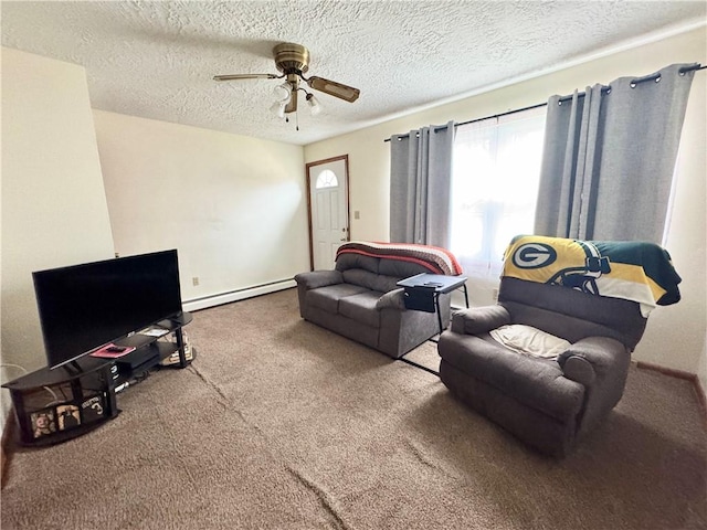 3503 State Route 208, Wilmington Twp, PA 16142 - carpeted living area with baseboard heating, a ceiling fan, and a textured ceiling