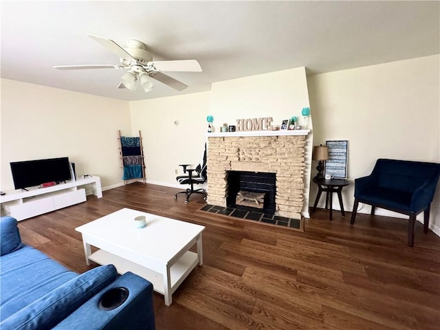 3503 State Route 208, Wilmington Twp, PA 16142 - living room with ceiling fan, wood finished floors, and a stone fireplace
