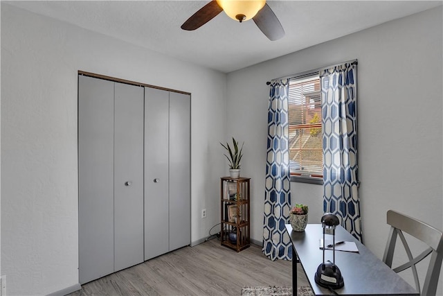 home office featuring ceiling fan and light wood-style flooring