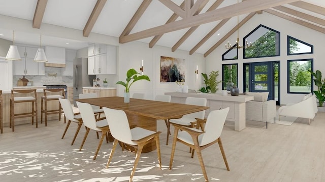 dining space with high vaulted ceiling, beam ceiling, a notable chandelier, and light wood finished floors