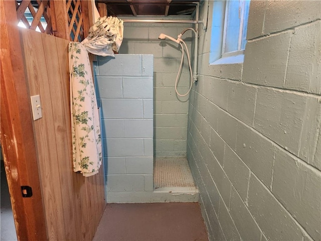 bathroom with a stall shower