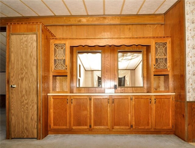 interior details featuring wood walls and carpet flooring