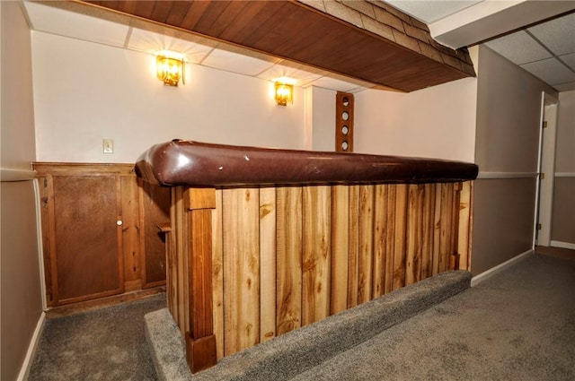 bar featuring a bar, carpet, and a drop ceiling