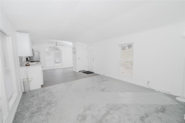 unfurnished living room featuring a sink, carpet, ceiling fan, and a textured ceiling