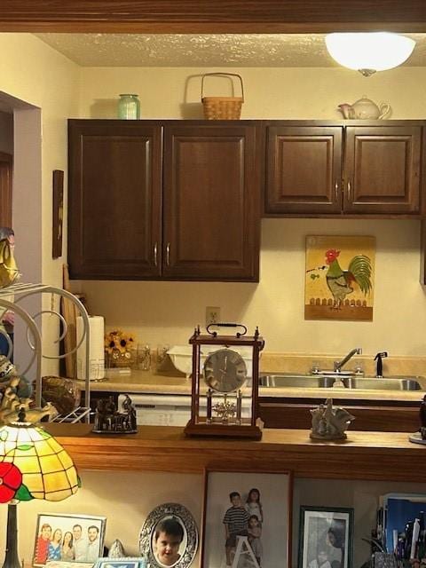 kitchen with a textured ceiling, a sink, and dark brown cabinetry