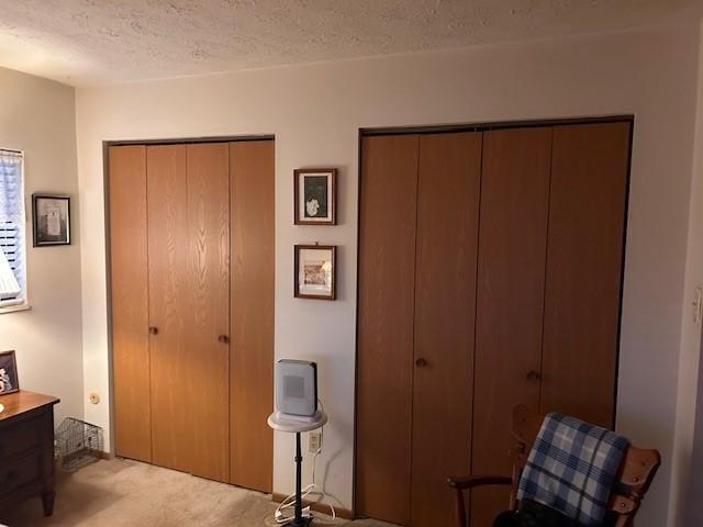 carpeted bedroom with multiple closets and a textured ceiling