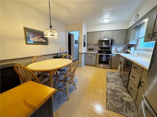 kitchen featuring gray cabinetry, light countertops, appliances with stainless steel finishes, backsplash, and light wood finished floors