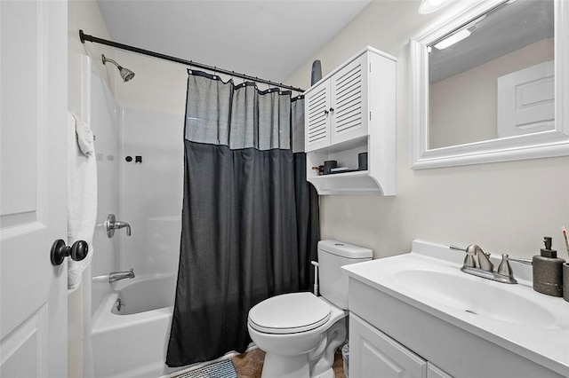 bathroom featuring vanity, toilet, and shower / tub combo with curtain