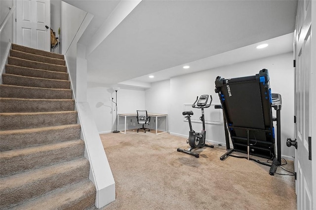 exercise room featuring baseboards, carpet flooring, and recessed lighting