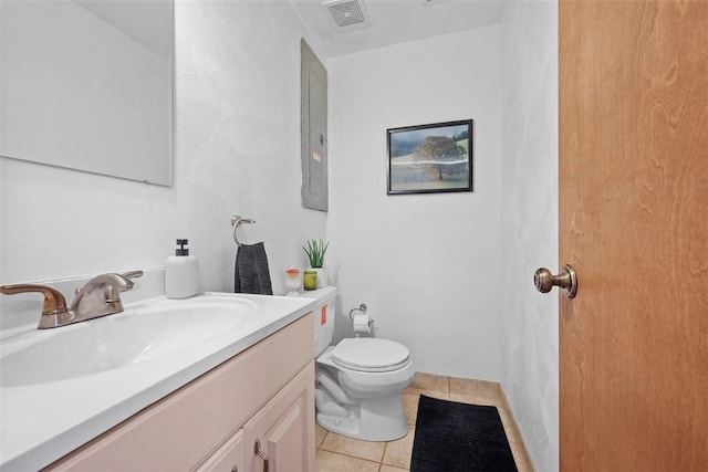 bathroom featuring electric panel, visible vents, toilet, tile patterned flooring, and vanity