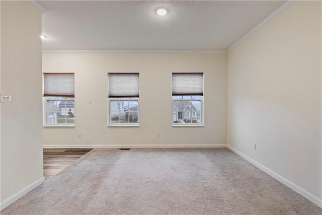 unfurnished room with baseboards, a textured ceiling, carpet flooring, and crown molding