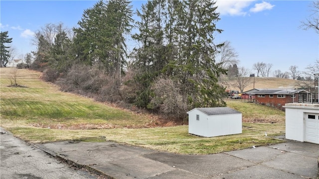 view of yard with a garage, driveway, a shed, and an outdoor structure