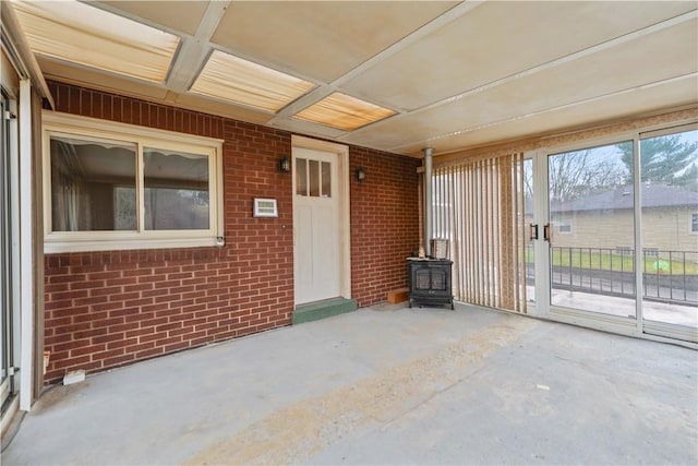 exterior space featuring a wood stove