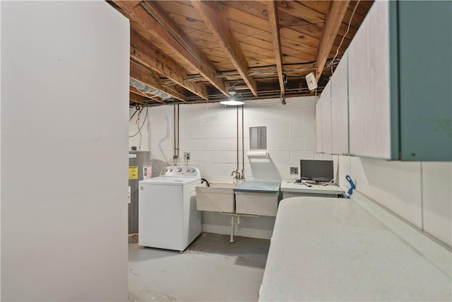 laundry room with water heater, laundry area, washer / clothes dryer, and a sink