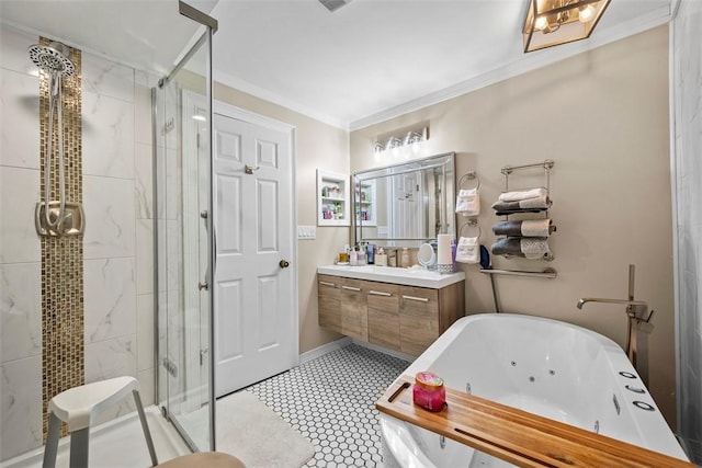 full bathroom with a tub with jets, a shower stall, vanity, and crown molding