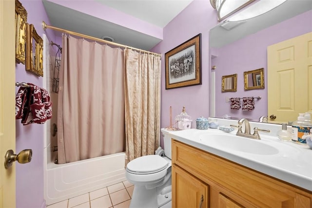 full bathroom featuring toilet, tile patterned flooring, shower / bath combination with curtain, and vanity