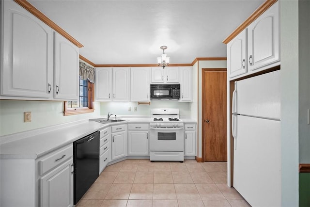 kitchen with white cabinets, light countertops, black appliances, a sink, and light tile patterned flooring